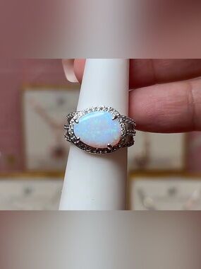 Bomb Party hematite and Opal Halo Ring size 6